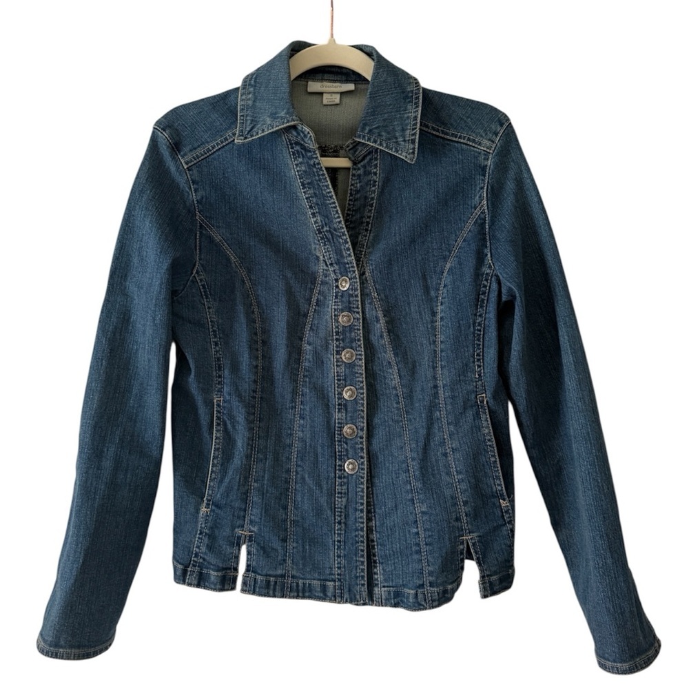 Dressbarnโ Denim Jacket Women S Blue Excellent Seamed Button Front